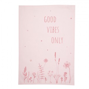 Růžová bavlněná utěrka s kytičkami Good Vibes Only - 47*70 cm
