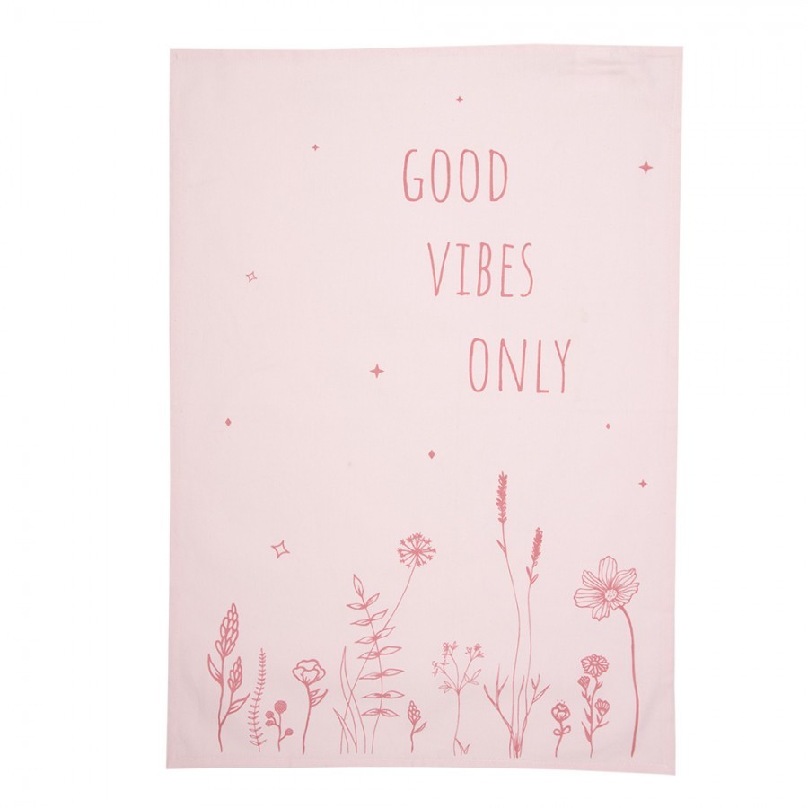 Růžová bavlněná utěrka s kytičkami Good Vibes Only - 47*70 cm Clayre & Eef