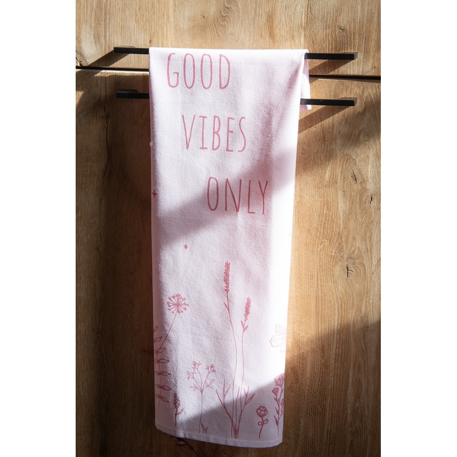 Růžová bavlněná utěrka s kytičkami Good Vibes Only - 47*70 cm