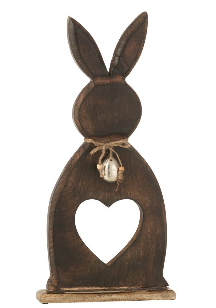 Hnědá dekorace králík z mangového dřeva se srdíčkem - 17*3,5*50 cm J-Line by Jolipa