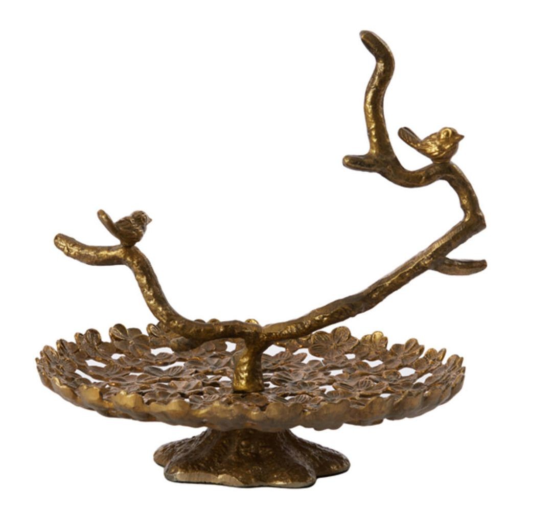Bronzový kovový patrový etažér s ptáčky Tresa Bird Antique - 37*35*37 cm