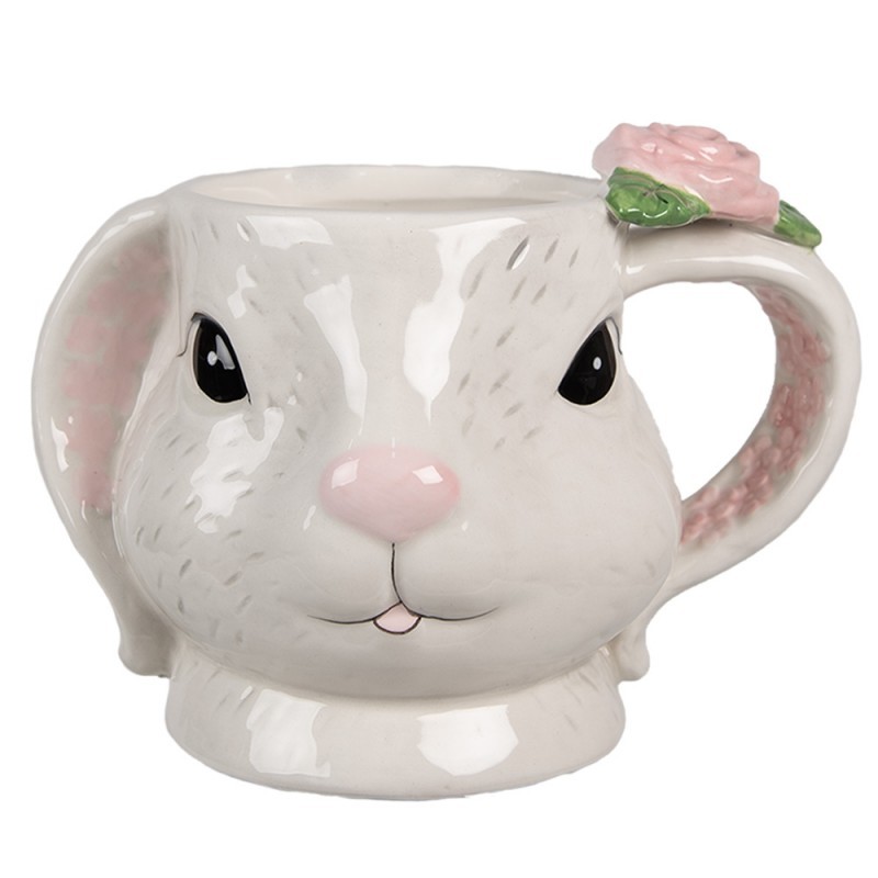 Růžovobílý keramický hrneček ve tvaru králíčka Rabbit - 16*11*11 cm / 450 ml Clayre & Eef