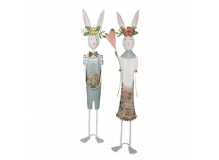 Kovová dekorativní socha králík v obleku s květinou - 17*12*88 cm