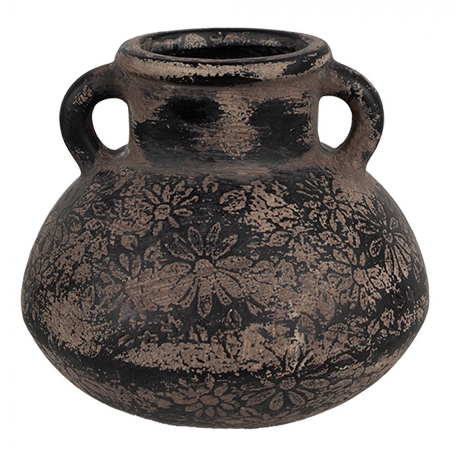 Černo-šedý keramický obal na květináč/ váza s uchy a květy - Ø 15*13 cm 6CE1711