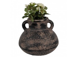 Černo-šedý keramický obal na květináč/ váza s uchy a květy - Ø 15*13 cm 