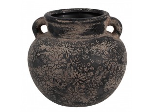 Černo-šedý keramický obal na květináč/ váza s uchy a květy - Ø 16*14 cm 