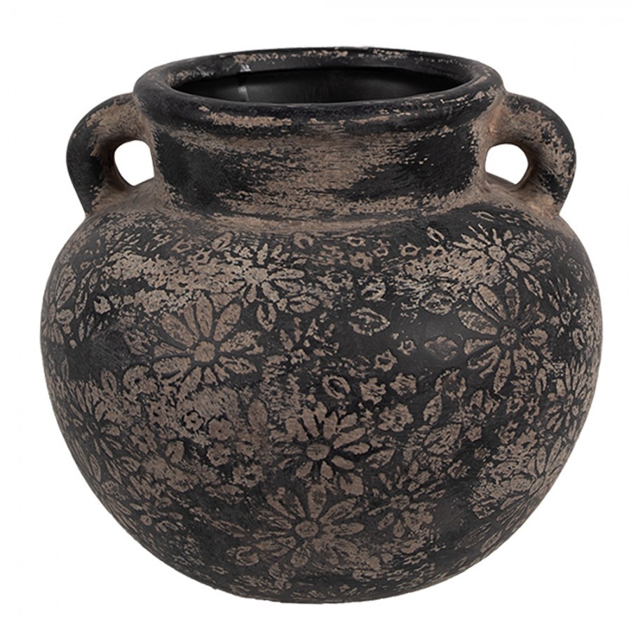 Černo-šedý keramický obal na květináč/ váza s uchy a květy - Ø 16*14 cm  Clayre & Eef