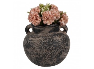 Černo-šedý keramický obal na květináč/ váza s uchy a květy - Ø 16*14 cm 
