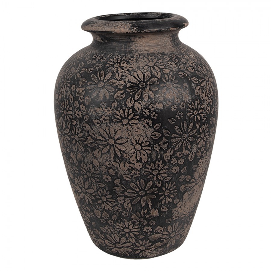 Černo-šedá keramická váza s květy - Ø 18*26 cm 6CE1707