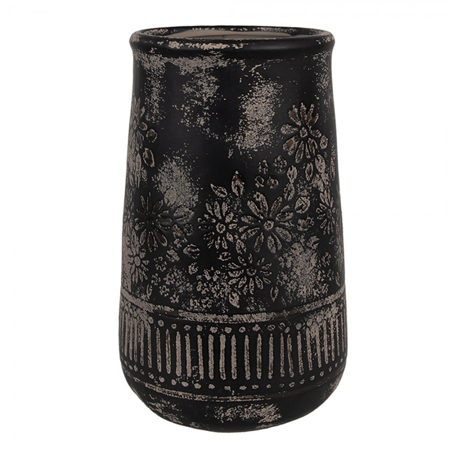 Černo-šedá keramická váza s květy - Ø 15*23 cm 