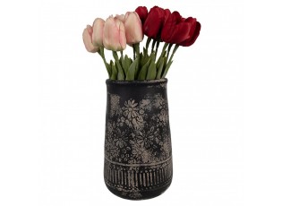 Černo-šedá keramická váza s květy - Ø 15*23 cm 