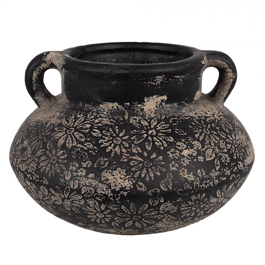 Černo-šedý keramický obal na květináč/ váza s uchy a květy - Ø 21*13 cm 6CE1710
