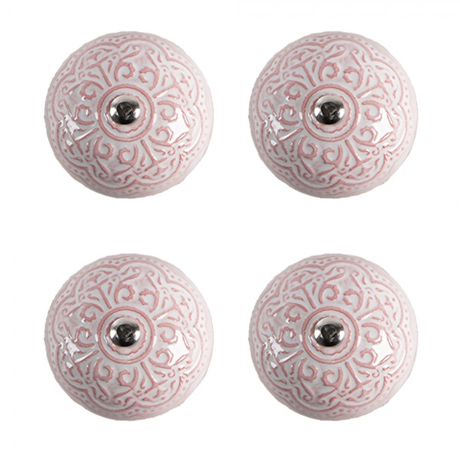 Set 4ks růžová keramická úchytka s ornamentem - Ø 4*3 /6 cm Clayre & Eef