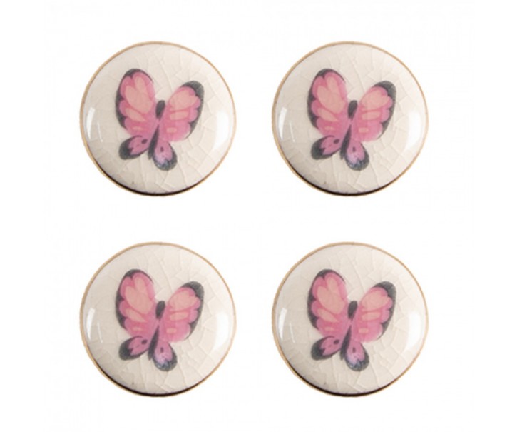 Set 4ks béžová keramická úchytka s motýlky - Ø 3 cm 