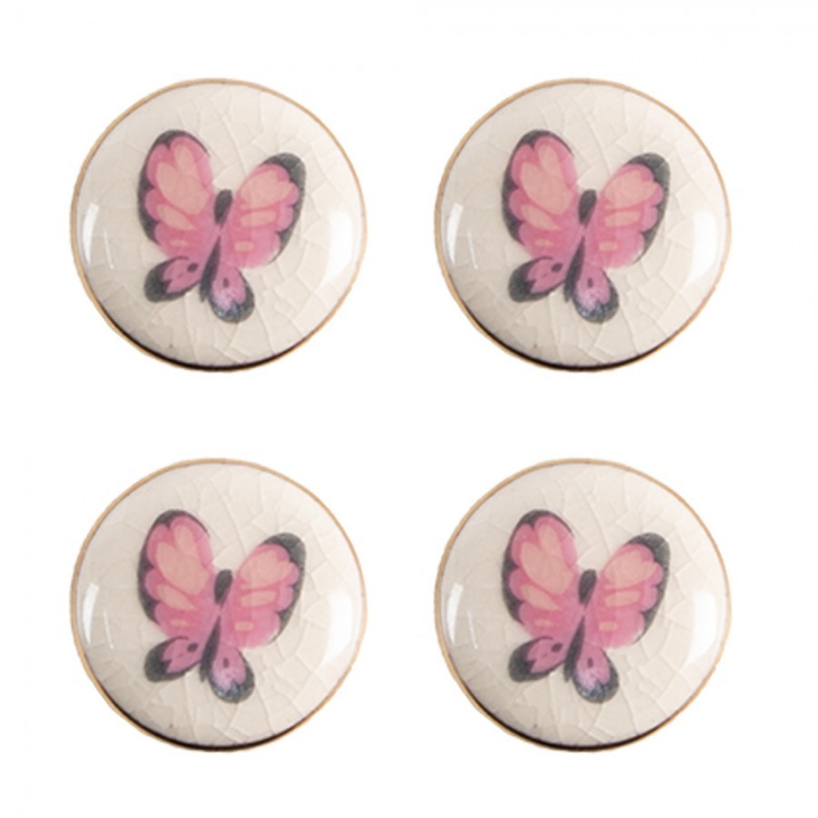 Set 4ks béžová keramická úchytka s motýlky - Ø 3 cm  65301