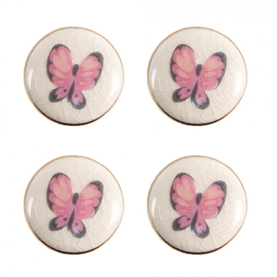 Set 4ks béžová keramická úchytka s motýlky - Ø 3 cm 