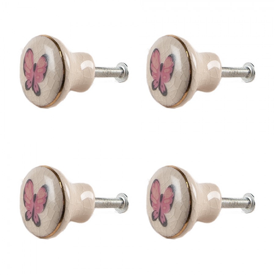 Set 4ks béžová keramická úchytka s motýlky - Ø 3 cm 