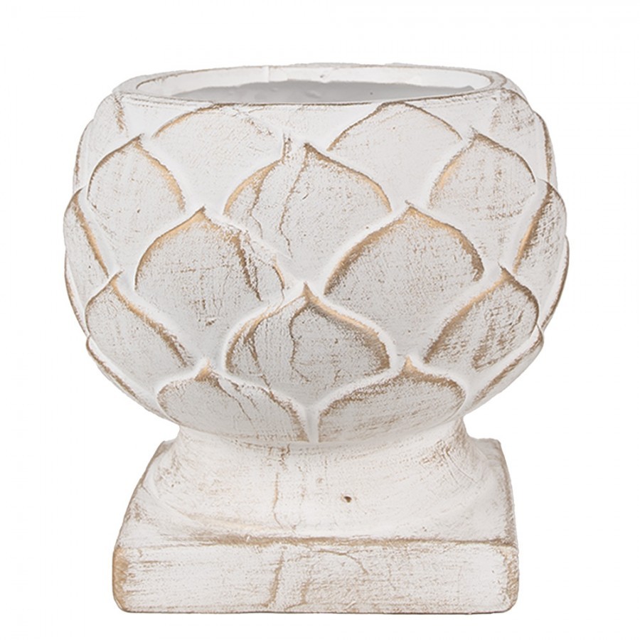 Bílo-zlatý cementový květináč ve tvaru šišky na podstavci M - Ø 18*17 cm  Clayre & Eef