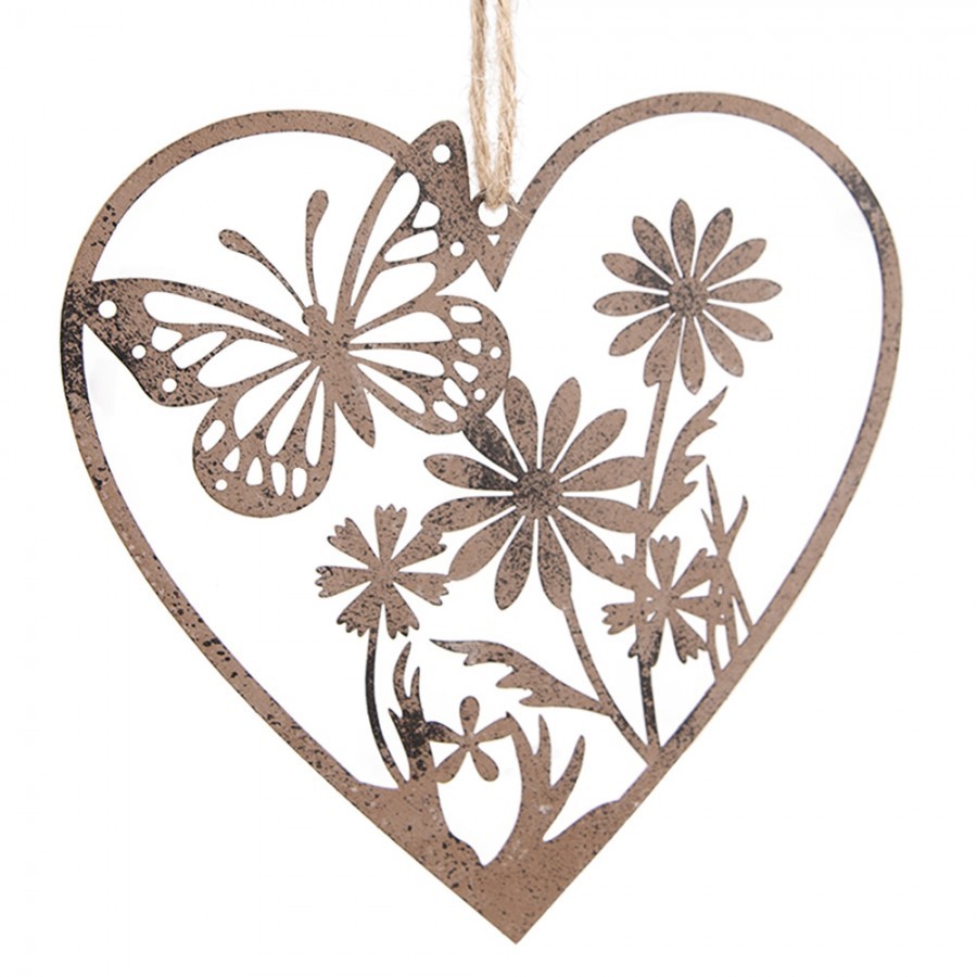 Hnědý kovový ozdobný závěs srdce s motýlkem a květy - 11*1*11 cm Clayre & Eef