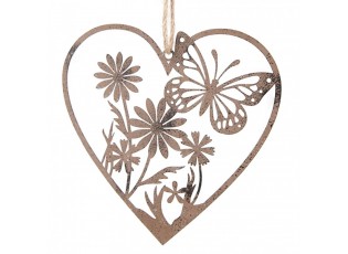Hnědý kovový ozdobný závěs srdce s motýlkem a květy - 11*1*11 cm