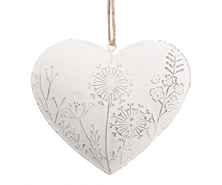 Bílé antik plechové ozdobné závěsné srdce s květy - 11*2*10 cm