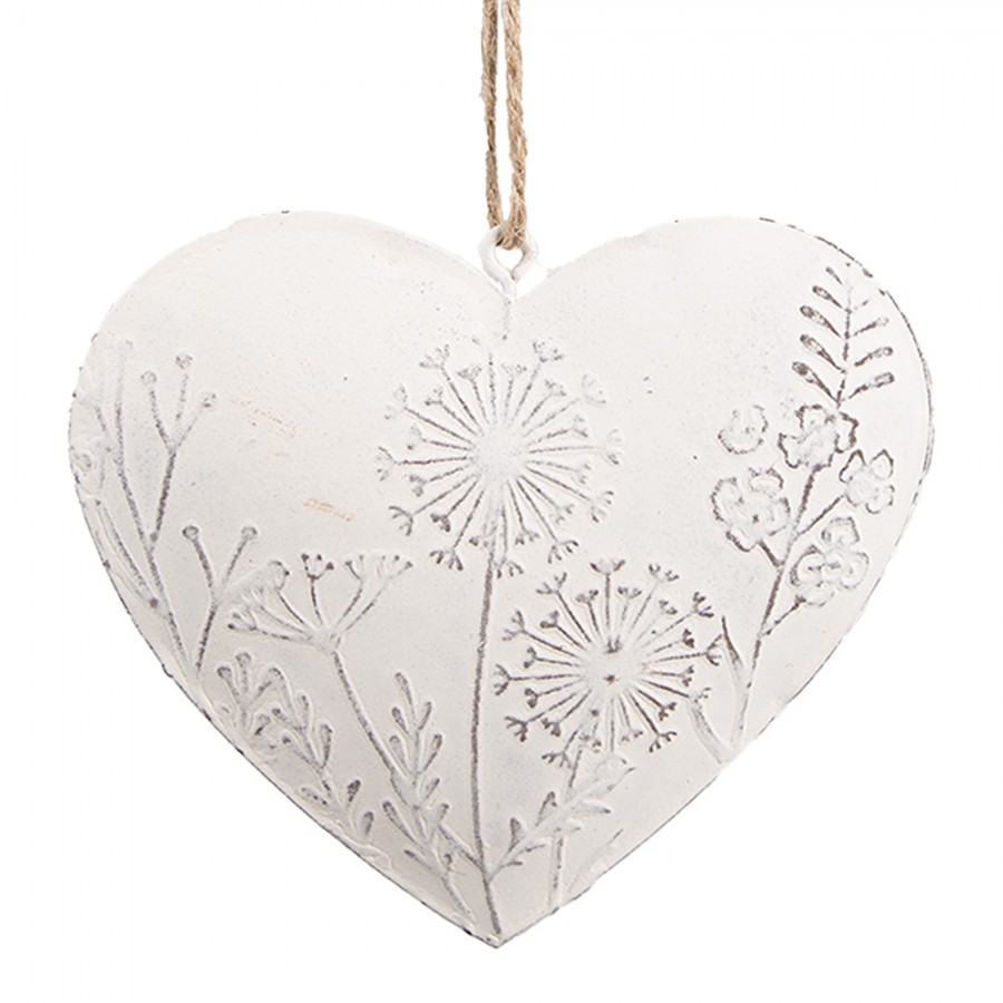 Bílé antik plechové ozdobné závěsné srdce s květy - 11*2*10 cm Clayre & Eef