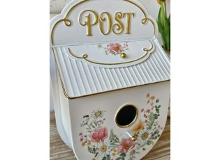 Bílá poštovní schránka ve tvaru ptačí budky Post s květy - 27*11*41 cm