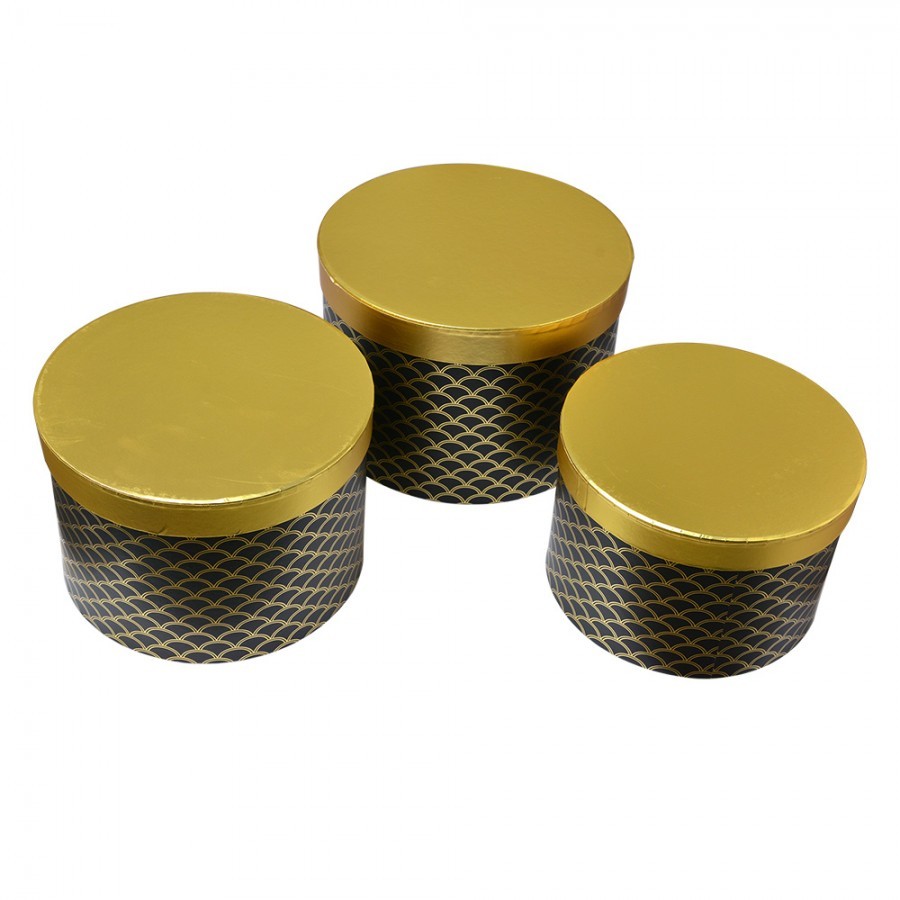 Set 3ks černo-zlatý kulatý úložný box - Ø 25*17 / Ø 23*16 / Ø 21*14 cm 