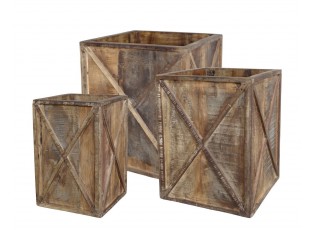 3ks hnědý antik dřevěný box / obal na květináč Grimaud Unit - 37*37*40/ 30*30*39/ 24*24*37 cm
