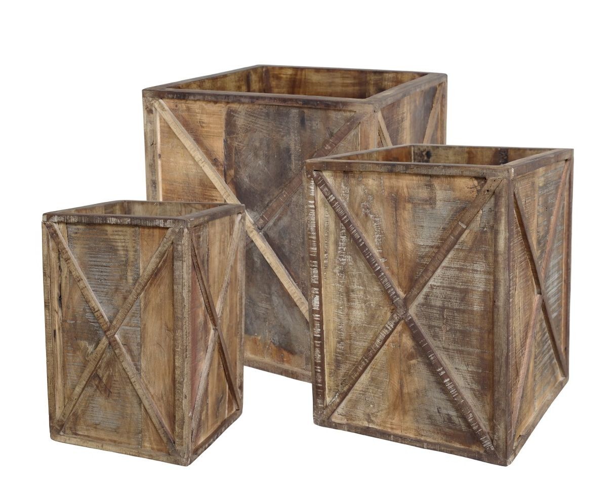 3ks hnědý antik dřevěný box / obal na květináč Grimaud Unit - 37*37*40/ 30*30*39/ 24*24*37 cm Chic Antique