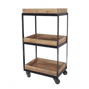 Hnědý kovový retro vozík s dřevěnými podnosy Grimaud Unit - 39*28*72 cm