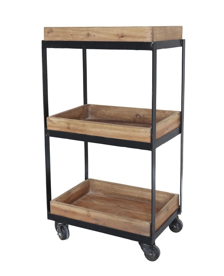 Hnědý kovový retro vozík s dřevěnými podnosy Grimaud Unit - 39*28*72 cm