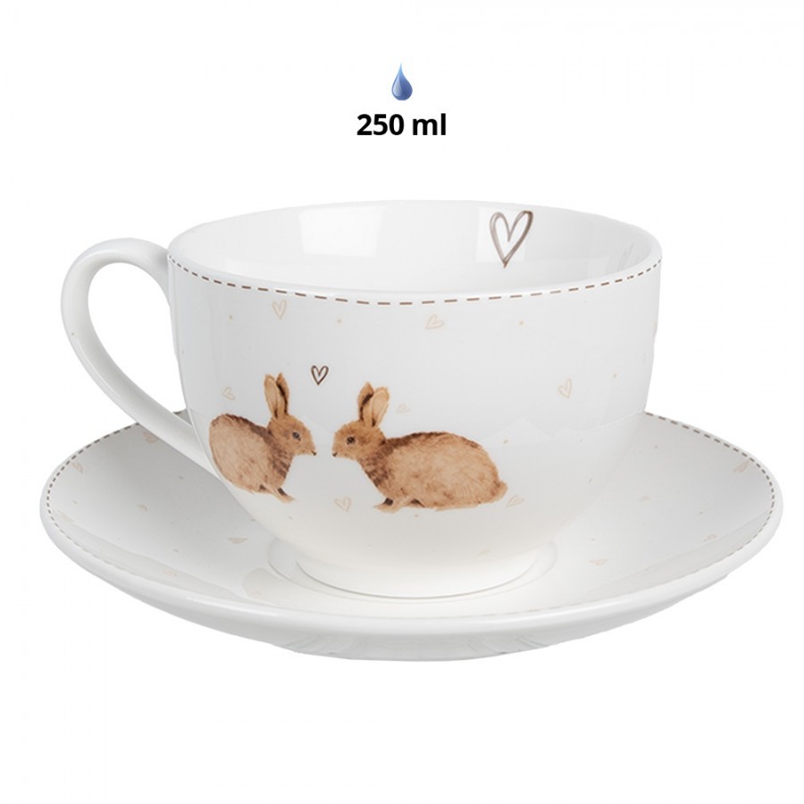 Šálek s podšálkem s králíčky a srdíčky Bunnies in Love - 12*9*6 cm / Ø 14*2 cm / 250 ml
