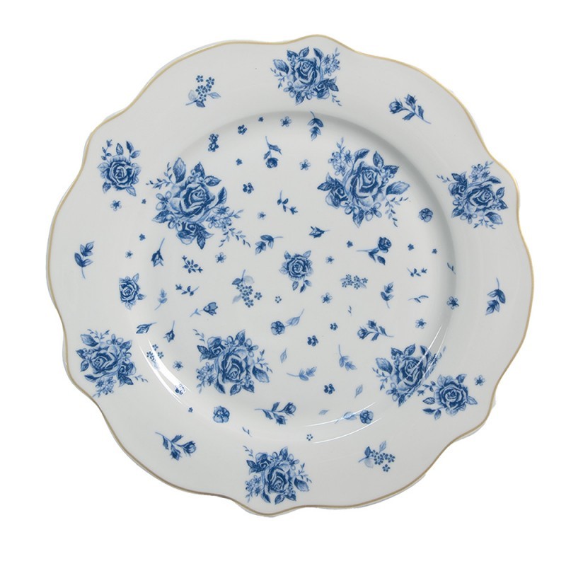 Bílý dezertní talíř s modrými růžičkami Blue Rose Blooming - Ø 20*2 cm Clayre & Eef