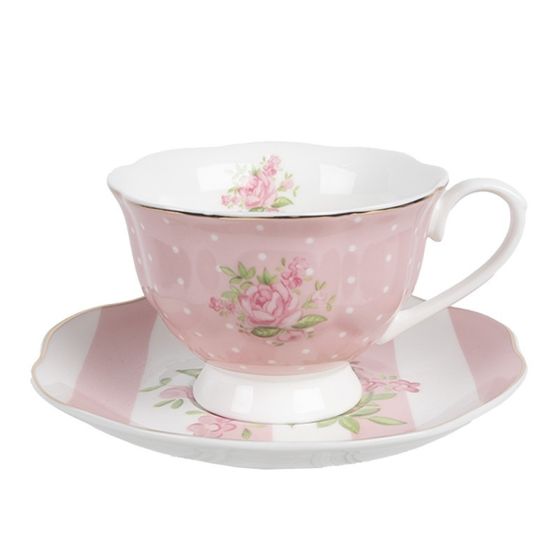 Bílo-růžový šálek a podšálkem s růžičkami Sweet Roses - 12*9*6 cm / Ø 14*2 cm / 200 ml