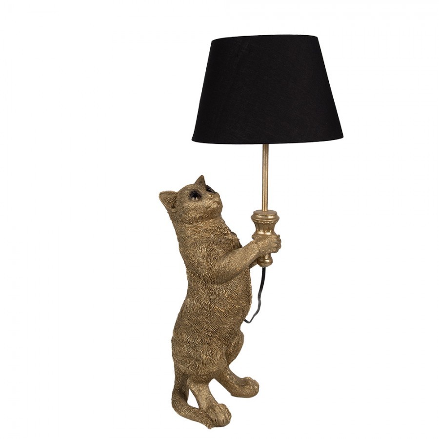 Zlatá stolní lampa Kočka s černým stínidlem - 31*24*62 cm Clayre & Eef
