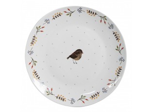 Bílý keramický dezertní talíř s motivem ptáčka Moineau - Ø 20*2 cm