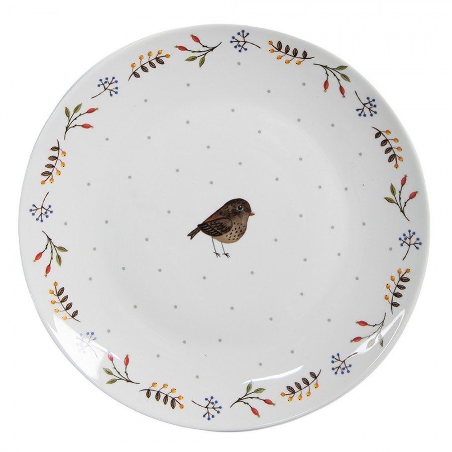 Bílý keramický dezertní talíř s motivem ptáčka Moineau - Ø 20*2 cm SPYDP