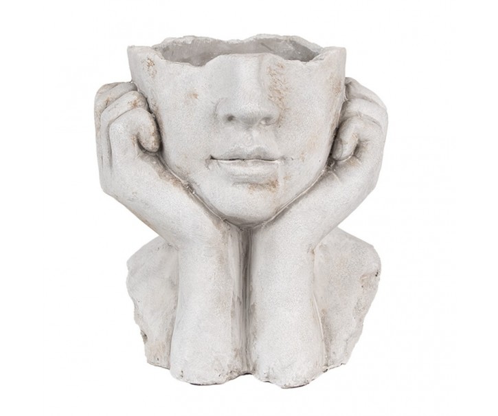 Šedý antik cementový květináč hlava ženy v dlaních L - 20*17*22 cm