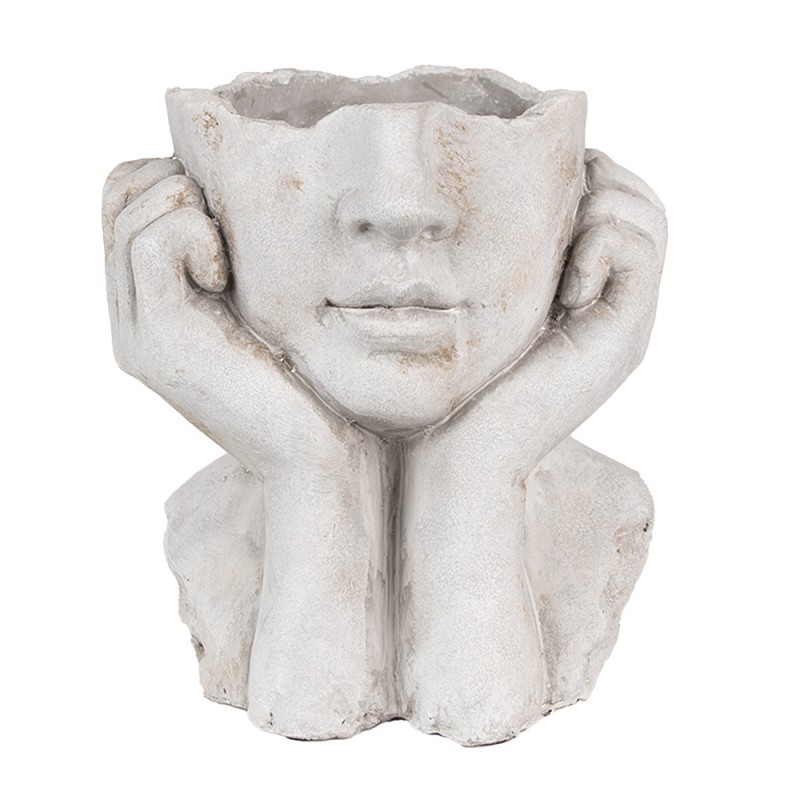 Šedý antik cementový květináč hlava ženy v dlaních L - 20*17*22 cm Clayre & Eef