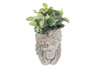 Šedý antik cementový květináč hlava ženy s květy - 27*22*31 cm