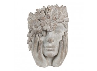 Šedý antik cementový květináč hlava ženy s květy - 27*22*31 cm