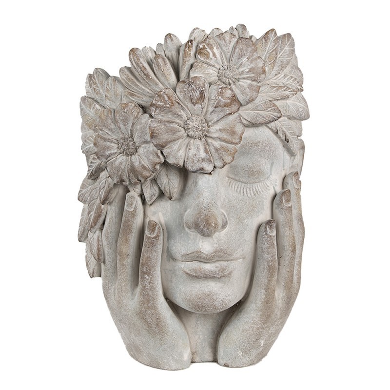 Šedý antik cementový květináč hlava ženy s květy - 27*22*31 cm Clayre & Eef
