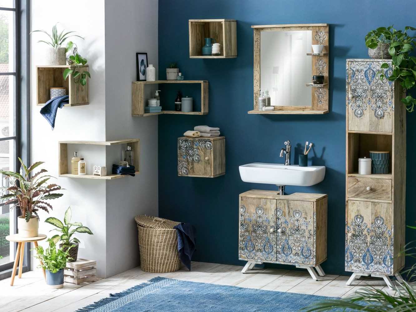 Přírodně-modrá koupelnová sestava nábytku Alcudia Mango - 5ks A00000764