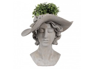 Šedý antik květináč hlava ženy s kloboukem - 27*23*26 cm