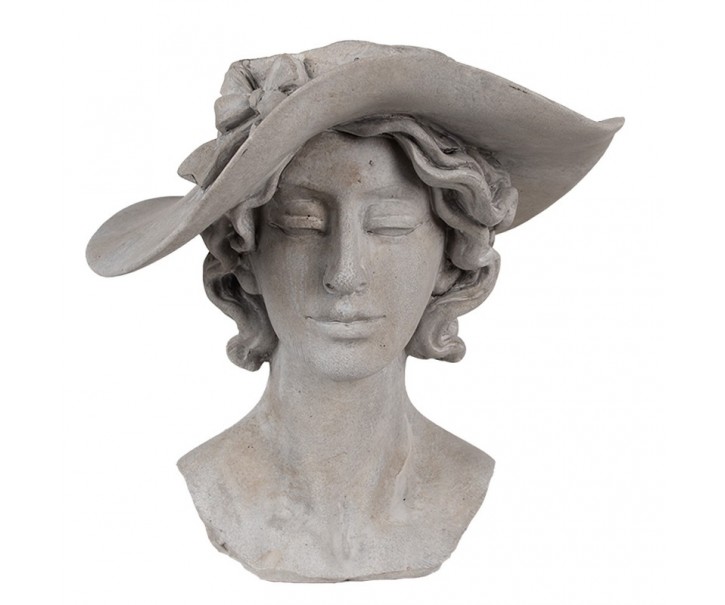 Šedý antik květináč hlava ženy s kloboukem - 27*23*26 cm