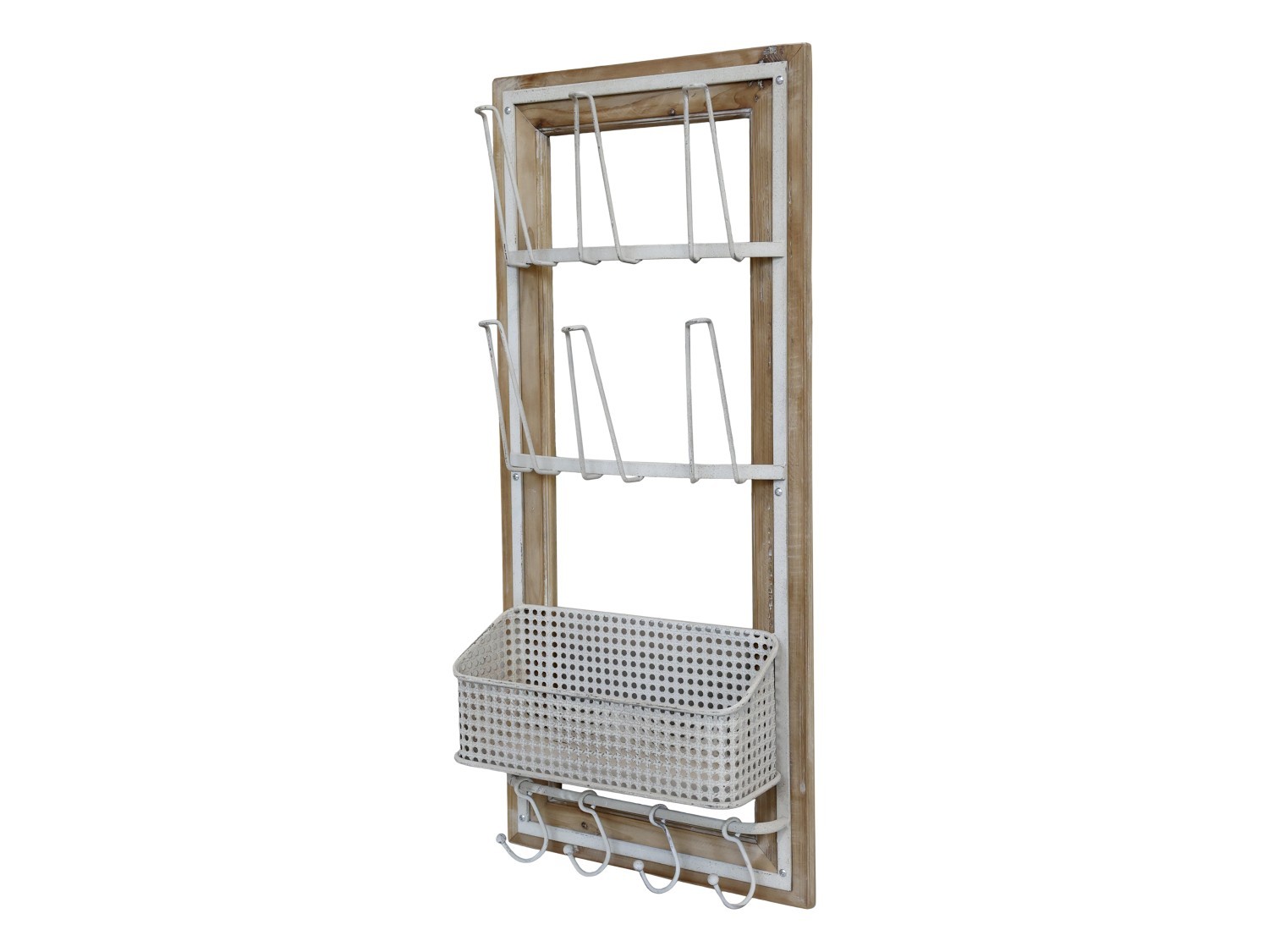Krémová antik dřevěno-kovová nástěnná polička s háčky Old Shelf - 40*15*90 cm