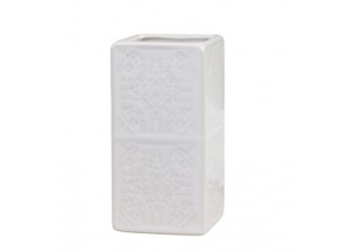 Bílý keramický držák na kartáčky s ornamenty - 7*7*12 cm