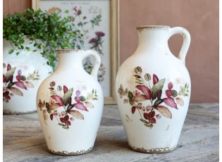 Krémová baňatá váza s ouškem a květy Florac - 14*21 cm
