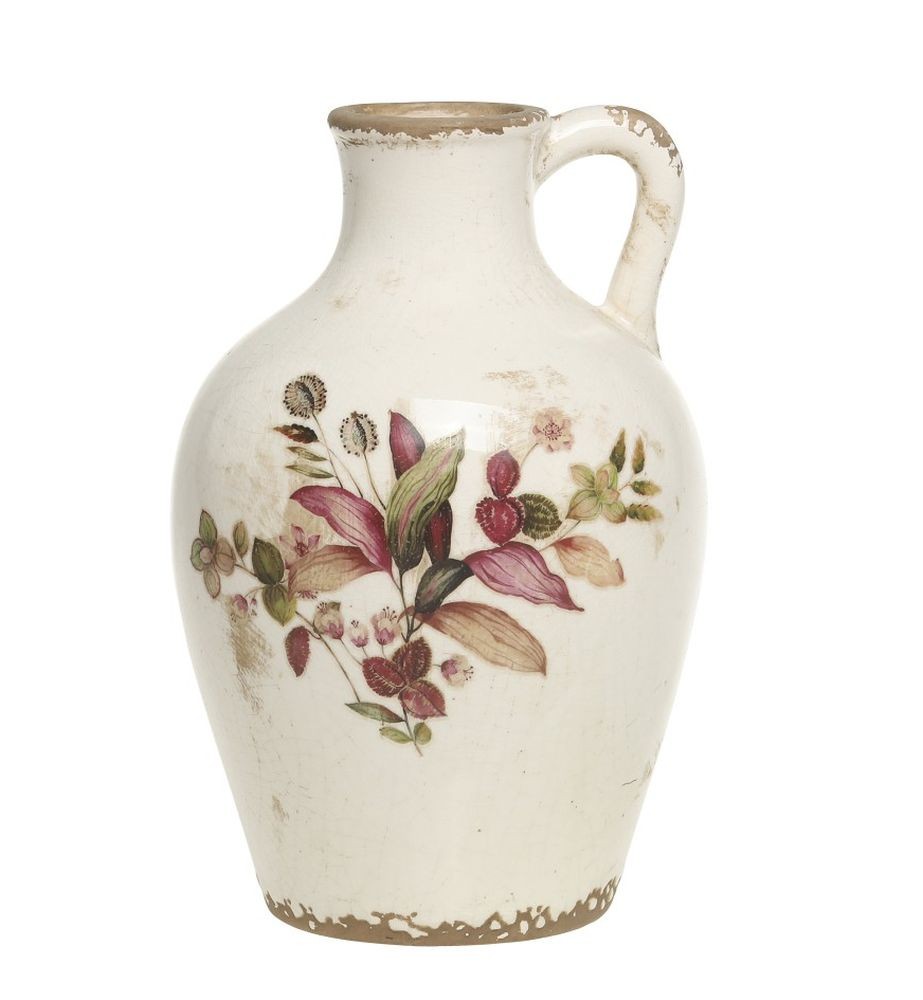 Krémová baňatá váza s ouškem a květy Florac - 14*21 cm Chic Antique